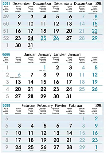 3-Monatskalender 2021, Spiralbindung, blau/weiß, 32 x 49 cm, mit Datumschieber, 3 Monate auf einen Blick