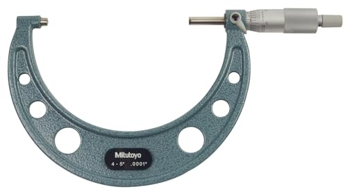 Mitutoyo 103-219 Outside Micrometer, 4-5 Range, 0.0001 Graduation, ±0.00015 Accuracy, Ratchet Stop, Vernier Scale, Satin-Chrome Sleeve, Baked-Enamel Frame, Carbide-Tipped Measuring Faces