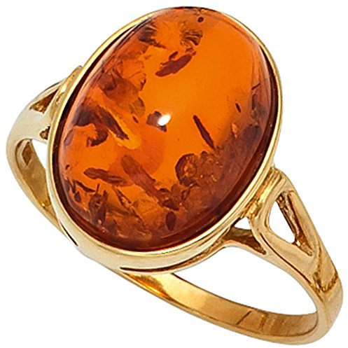 Jobo Damen-Ring breit aus 9 Karat 375 Gold mit Bernstein Oval Größe 50