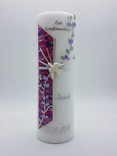 Konfirmationskerze K-81 in verschiedenen Farben mit Name & Datum - auch zur Kommunion, Firmung, Taufe HANDARBEIT - optional Spruch auf Rückseite, Geschenkverpackung, Kerzenständer