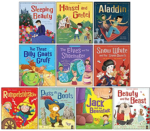 Juego de colección de libros infantiles planos con 10 imágenes de Fairytale Classics (¡La Bella Durmiente, Jack y las habichuelas mágicas, Rumpelstiltskin, Los tres cabritos bruscos y MÁS!)