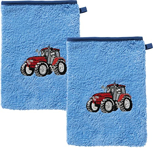 Erwin Müller Kinder-Waschlappen, Waschhandschuh 2er- Pack Frottier hellblau Größe 15x21 cm - mit hochwertigem Stickmotiv Traktor 100% Baumwolle