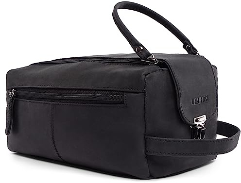 LEABAGS Palm Bay Vintage Look Äkta Buffelläder Tvättpåse | Tvättväska för Män | Sminkväska för Kvinnor, Svart - Mocka