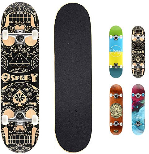 Osprey | Complete Skateboard, 31 x 8 Double Kick Skateboard for Kids and Adults, Concave Deck, Includes Grip Tape, Deck and Wheels, Candy Skull, Multiple Designs