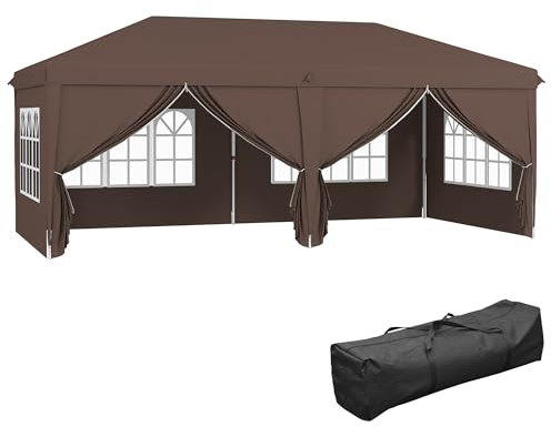 Outsunny 3 x 6 m Garden Pop Up Gazebo, Wedding Party Tent Marquee, Water Resistant Awning Canopy with Sidewalls, Windows, Carry Bag, Brown