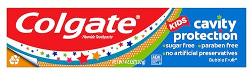 Colgate Kids Cavity Protection Toothpaste with Fluoride, Helps Fight Cavities, Safe for Ages 2+, Mild Bubble Fruit Flavor, Sugar Free, 4.6 Oz Tube