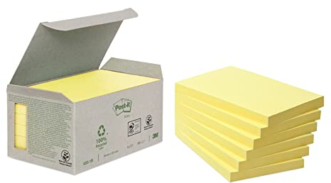 Post-it Recycling Notes Kanariengelb, Packung mit 6 Blöcken, 100 Blatt pro Block, 76 x 127mm, Farbe: Gelb - Selbstklebende Notizzettel aus 100% Recyclingpapier