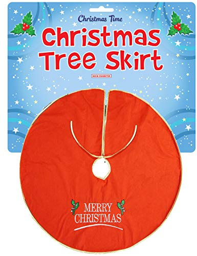 Henbrandt Large Red Christmas Tree Skirt 90cm Xmas Tree Red Base Cover with ‘Merry Christmas’ Design Protective Floor Covering for all Tree Sizes Xmas Party Decorative Floor Mat Christmas Decorations