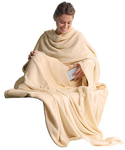 Celin ATEX Manta con Mangas 150 x 180 cm + 35 cm Soporte Funda Colcha Manta Funda Microfibra Manta Supersuave TV Forro Polar Beige