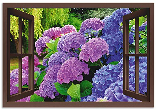 ARTland Wanddeko Wandbild Alu Verbundplatte für Innen & Outdoor Bild 70x50 cm Fensterblick Hortensien im Garten T5QA