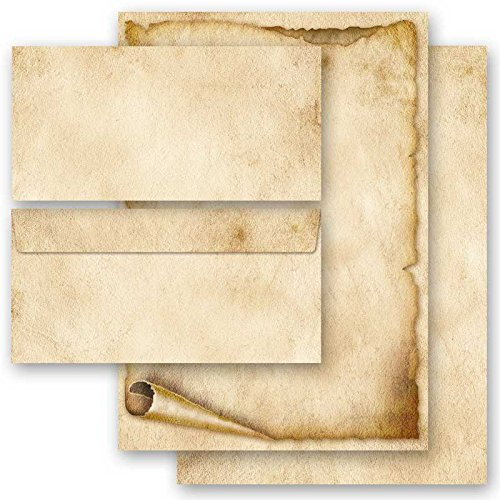 100 st. motivpapper komplett set gammalt pappersrulle (variant A) 50 ark brevpapper + 50 matchande kuvert DIN LÅNG utan fönster