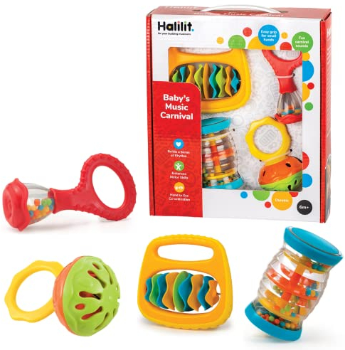 Halilit Baby's Music Carnival Gift Set. Musical Instruments for Babies Includes Cage Bell, Baby Maraca, Clip Clap Rattle and Rainboshaker. 6 Months+