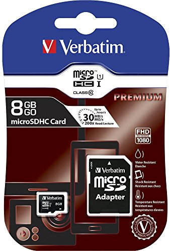 Verbatim 8GB Premium microSDHC Memory Card with Adapter UHS-I V10 Class 10 Supports Full HD (1080p) U1 Speed Rated Up to 80MB/s Read Speed