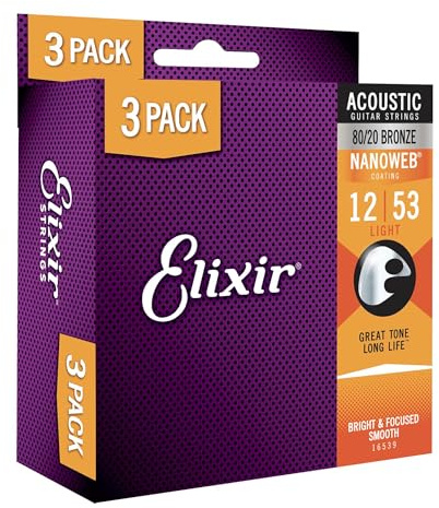 Elixir Strings, Acoustic Guitar Strings, 80/20 Bronze with NANOWEB Coating, Longest-Lasting Bright and Focused Tone with Comfortable Feel, 6 String Set, 3 Pack, Light 12-53