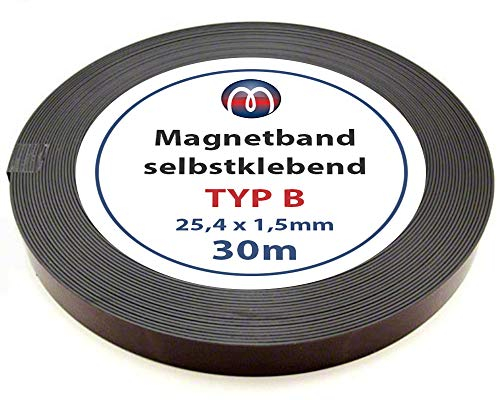 Magnetband Magnetstreifen selbstklebend mit Premium-Kleber - 1,5mm x 25,4mm x 30m - Magnetisierung TYP B