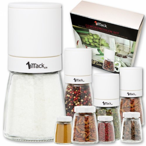 Moulin à épices lot de 4 avec moulin à céramique réglable Moulin à sel noble Moulin à poivre Moulin à piment - 8 pièces 4 moulins et 4 verres de rechange - sans contenu d'épices - 140ml blanc
