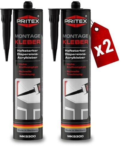 PRITEX – Profi Montagekleber Weiß 2x 300 ml – Baukleber für Holz-Paneele, Kabelkanäle, Sockelleisten, Styropor, Fliesen, Beton uvm. – haftstarker Universalkleber auf Acrylatdispersion-Basis für innen
