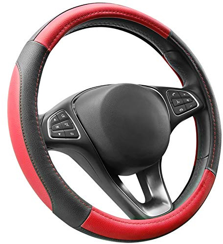 COFIT 15 Inch Microfiber Leather Steering Wheel Cover, Anti-slip Universal Steering Wheel Protector for Car SUV Truck Van Interior Decor Accessories, Size M 37-38cm Red and Black