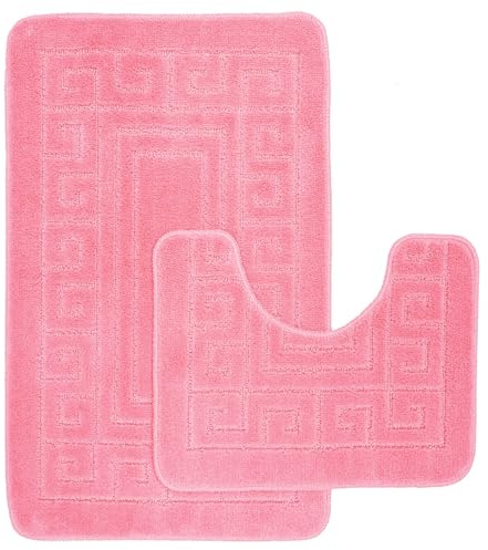 EDS Luxury 2 Piece Greek Bath Mat Set Non Slip Ultra Soft Bathroom Mats Water Absorbent Bath Mats Machine Washable Rug Toilet Mat for Bathroom Floor (Pink)