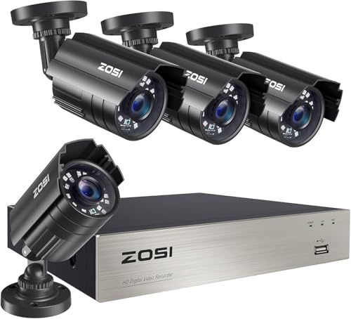 ZOSI Kit de Sécurité Extérieur H.265+ avec 4 Caméras 1080P, Étanche IP66, Vision Nocturne 80 m, Détection Intelligente Personne/Véhicule, Alertes Instantanées, DVR 5MP Lite (Disque Dur Non Inclus)