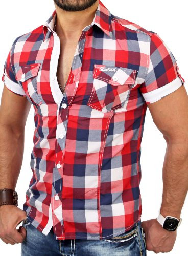 Reslad Herren Hemd Kurzarm Männer Herrenhemd Freizeit Sommer Figurbetont karriert Kontrast Surf Neu RS-7065 Rot-Weiß L