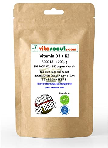 Vitamin D3 5000 IU Depot + K2 200µg + L-Leucin 30mg – 380 vegetarische Tabletten – Optimale Aufnahme im Körper – Nur eine Tablette alle 5 Tage – LABORGEPRÜFT