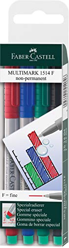 Faber-Castell 151404 – Märkpenna Multimark, icke-permanent, styrka F, 4 stycken i fodral, 1 x röd, blå, grön, svart