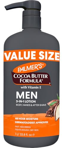 Palmer's Cocoa Butter Formula Men's Face Moisturizer & Body Lotion for Dry Skin, 33.8 oz, 3-in-1 Fast Absorbing Lotion for Men, 48-Hr Hydration with Vitamin E, Soothes Dryness, Dermatologist Approved