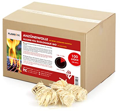 FLAMBIOL® Allume-feu Naturel pour Cheminée, Poêle et Barbecue – 100 Pièces Imprégnées de Cire, Combustion Immédiate, Écologique et Sûre, sans Résidus