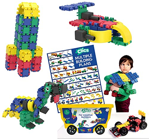 Clics byggleksaker för åldrarna 3 och uppåt, kreativa pedagogiska leksaker i ett set med 377 delar, byggklossar för flickor och pojkar, Montessori STEM-leksaker, gjorda av återvunnet material