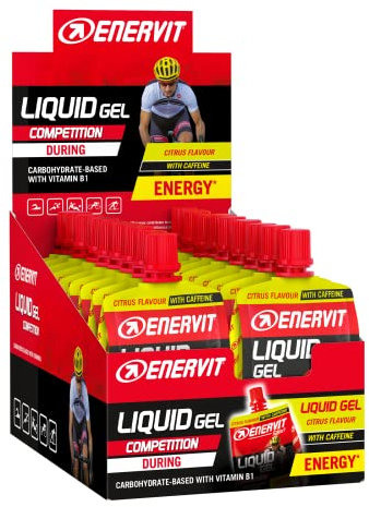 Enervit, Liquid Gel Agrumi con Caffeina, Gel Energetico, 25mg di Caffeina, Per Sport ad Alta Intensità, 30g di Carboidrati, Tappo Richiudibile, Gusto Agrumi, VeganOK, Senza Glutine, 18 Pack da 60ml