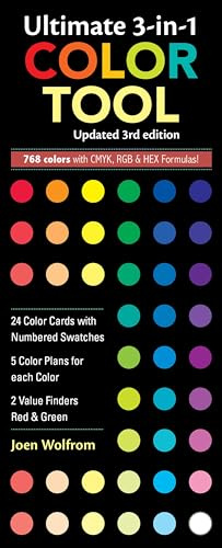 Ultimate 3-in-1 Color Tool 3rd Edition: • 24 Color Cards with Numbered Swatches • 5 Color Plans for Each Color • 2 Value Finders Red & Green • 816 Colors with Cmyk, Rgb & Hex Formula