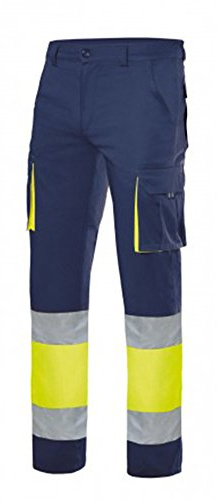 VELILLA 303002S, Pantalón Stretch Bicolor Multibolsillos, Color Azul Navy y Amarillo Flúor, Talla L