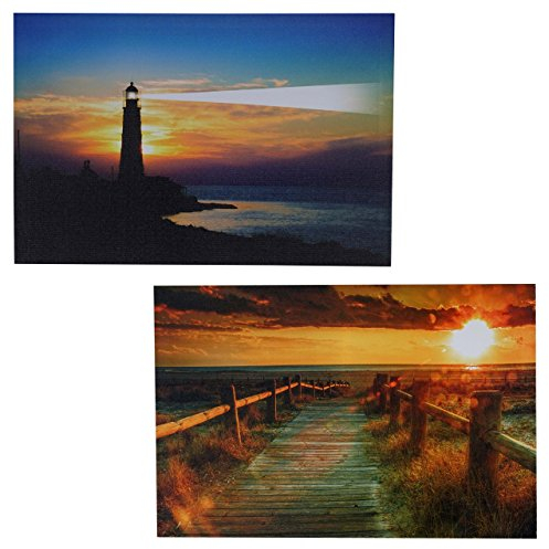 Mendler 2er-Set LED-Bild Leinwandbild Leuchtbild Wandbild 40x60cm, Timer - Sea
