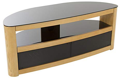 AVF Curved Wood TV Stand - Burghley Affinity 1250mm Floorstand Unit Upto 65 & 60Kg Max TV Weight, Oak With Black Glass, Open & Closed Storage