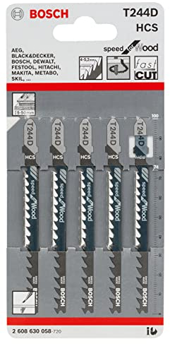 Bosch 5x T 244 D Speed for Wood Jigsaw Blade (for Softwood, Chipboard, Length 100 mm, Professional Accessory Jigsaw)