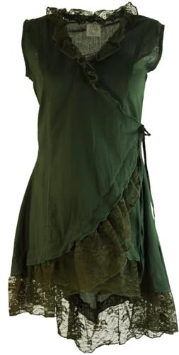 GURU SHOP Wickeltunika mit Spitze - Dunkelgrün, Damen, Baumwolle, Size:L