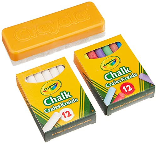 CRAYOLA – 24 Weiße und Farbige Kreide-Set für Tafel mit Schwamm, für Schule und Zuhause, 98268