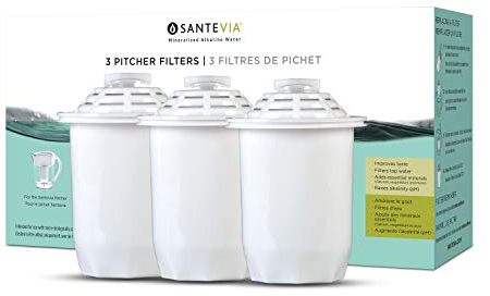 Santevia Water Filter Pitcher Replacement Filters, 3-Pack, Compatible with Santevia Classic Pitchers Only, Alkaline, Adds Back Minerals