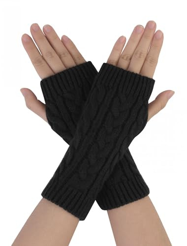 Allegra K Women's Ribbed Wrist Arm Warmers Stretchy Cable Knitted Fingerless Gloves One Size Black