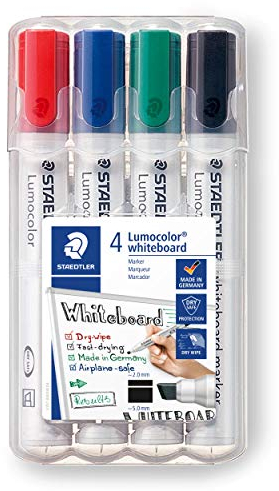 STAEDTLER Whiteboard Marker Lumocolor, trocken und rückstandsfrei abwischbar, Keilspitze ca. 2 oder 5 mm, hohe Qualität Made in Germany, Set mit 4 Farben, 351 B WP4