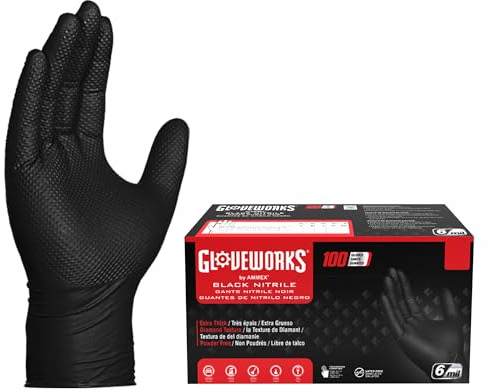 GLOVEWORKS HD Black Nitrile Industrial Disposable Gloves, 6 Mil, Latex-Free, Raised Diamond Texture, XX-Large, Box of 100