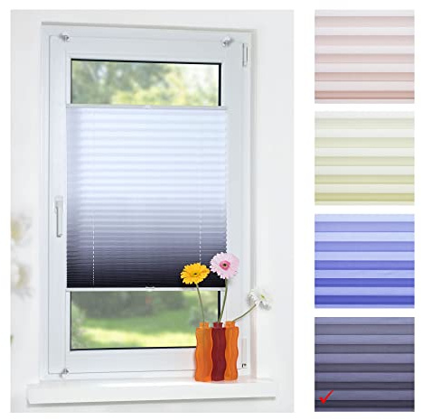 Liedeco® Klemmfix Plissee Farbverlauf verspannt mit Klemmträger/Breite x Höhe: 100x130 cm/Farbe: Grau/Plissee farbig/lichtdurchlässig verstellbar/Innen-Montage ohne Bohren / 123 montiert