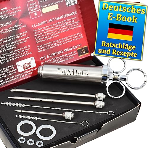 Premiala kit siringa per marinata di carne in acciaio inossidabile 304 - Con cannuccia per marinata! 4 aghi, anelli di ricambio, ebook, ricambi disponibili - per le carni più succose di sempre!