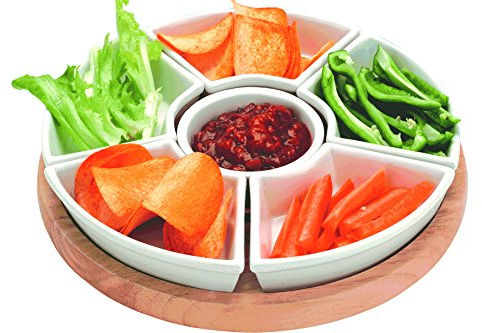 apollo THE HOUSEWARES BRAND Lazy Susan Service à Sauce Rotatif en Bois d'hévéa avec 6 Plats en céramique Marron Clair/Blanc 35 cm