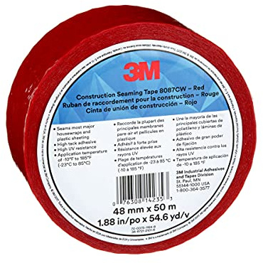 3M Construction Seaming Tape 8087CW, 1 Roll, Red, 48 mm x 50 m, Sheathing Tape for Seaming, Splicing, Sealing, and Repairing Moisture Barriers, Flexible in Cold Weather and High Heat
