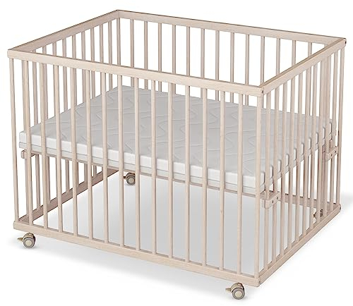 Sämann Laufstall Baby 75x100 cm mit Matratze | TÜV geprüft 2023 | stufenlos höhenverstellbar | Laufgitter Premium | Babybett aus Holz | Krabbelgitter natur