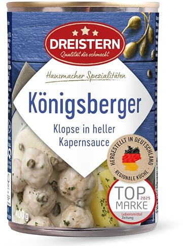 DREISTERN Königsberger Klopse 400g I 4 Klopse in heller Kapernsauce I Herzhaftes Fertiggericht in recyclebarer Konservendose I Lange Haltbarkeit dank natürlicher Konservierung I Hausmacher Qualität
