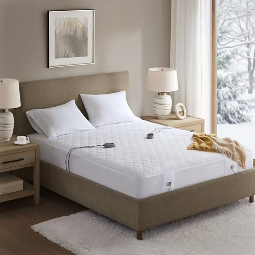 Beautyrest Cotton Blend Heated Mattress Pad Secure Comfort Technology - Luxury Quilted Electric Mattress Pad with Deep Pocket - 5-Setting Heat Controllers, Queen, White