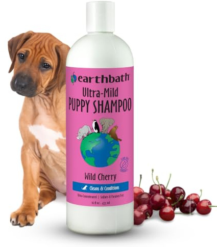 earthbath, Ultra-Mild Wild Cherry Puppy Shampoo - Extra Gentle & Tearless Dog Shampoo, Made in USA, Deodorizing Dog Wash, Cruelty Free Puppy Supplies, Shampoo for Smelly Dogs - 16 Oz (1 Pack)